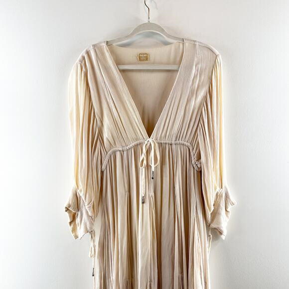 Free People Just Like Paradise V Neck Boho Maxi Dress Tan Cream Beige Medium - Picture 6 of 6
